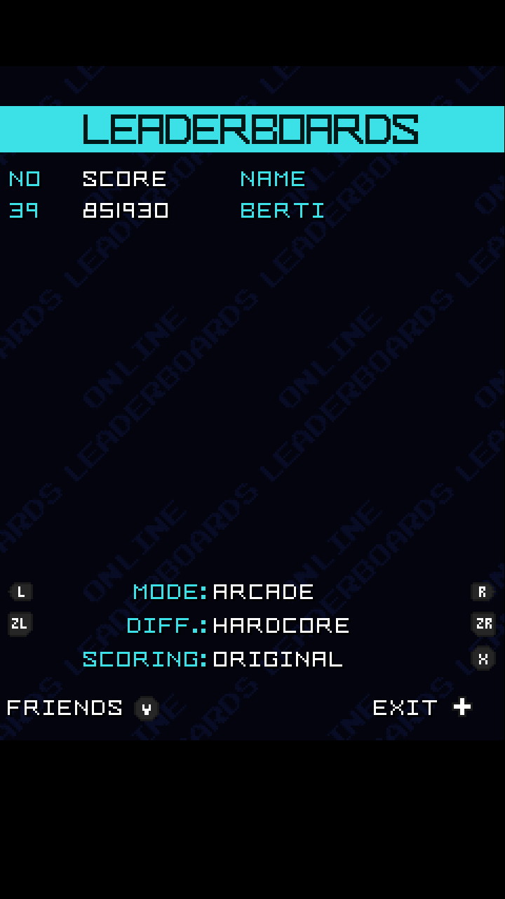Screenshot: SophStar online leaderboards of Arcade mode on Hardcore difficulty with Original scoring, showing Berti at 39th place with a score of 851 930